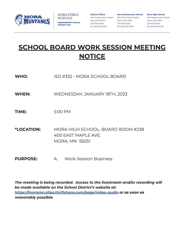 January 18th, 2023 Work Session Notice