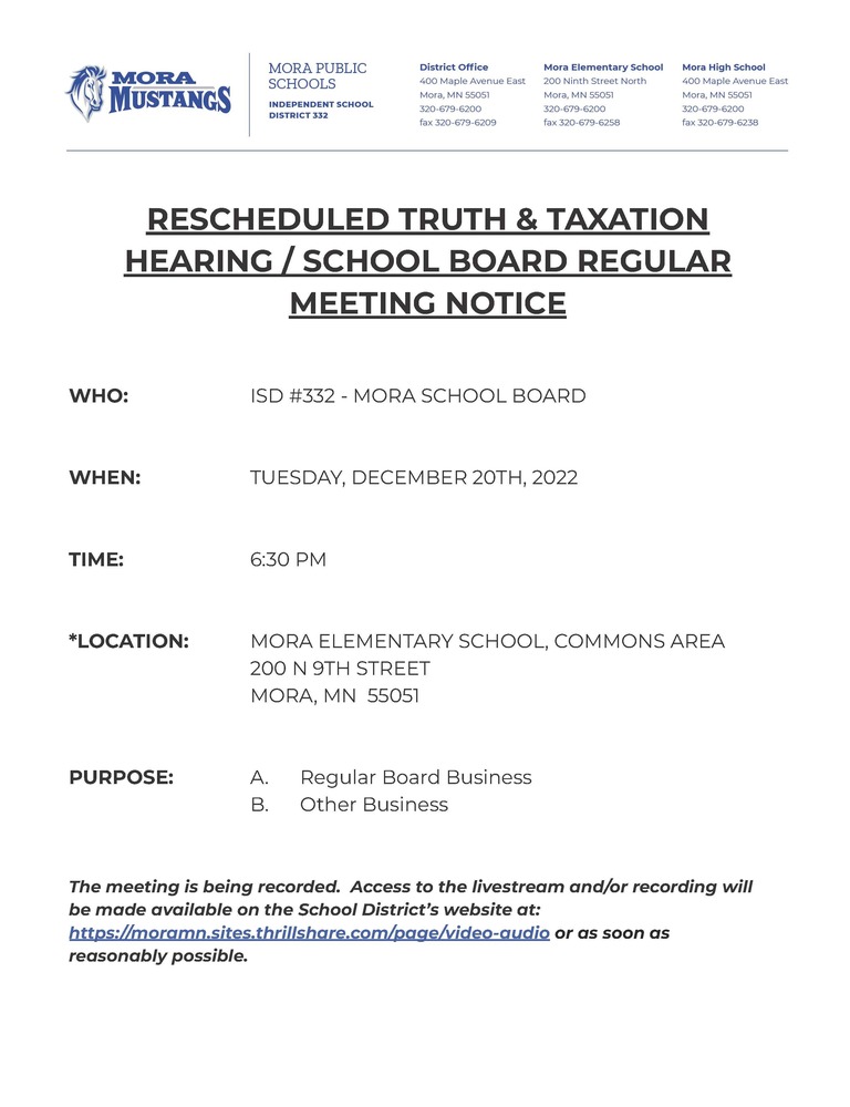 Truth & Taxation Hearing/ School Board Special Meeting Notice