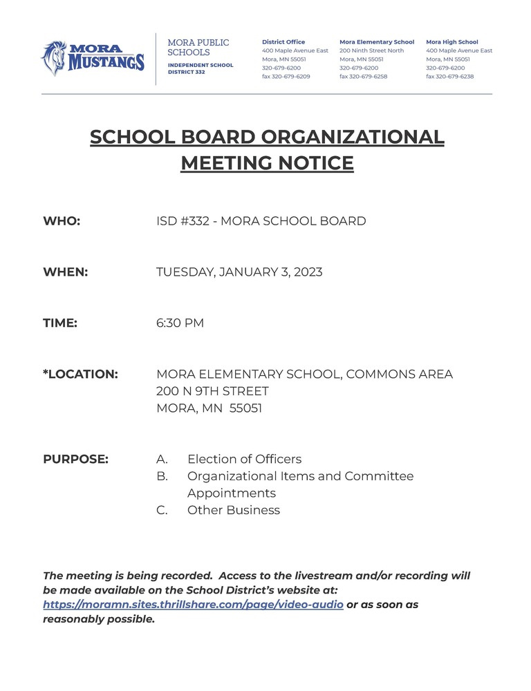 School Board Organizational Meeting Notification