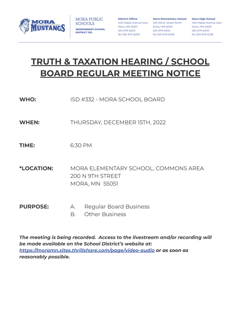 Truth & Taxation Hearing / Regular School Board Meeting