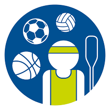 athletics icon a figure with a canoe paddle, basketball, volleyball, and soccer ball