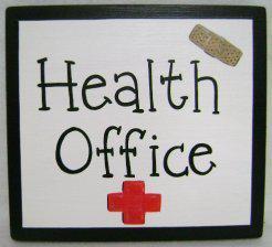 poster with Health Office, red cross symbol and bandaid 