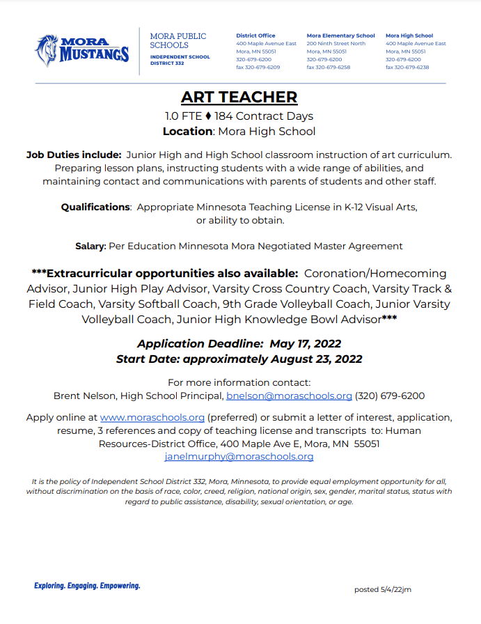 Full time high school Art Teacher Position. Clink on link to read more
