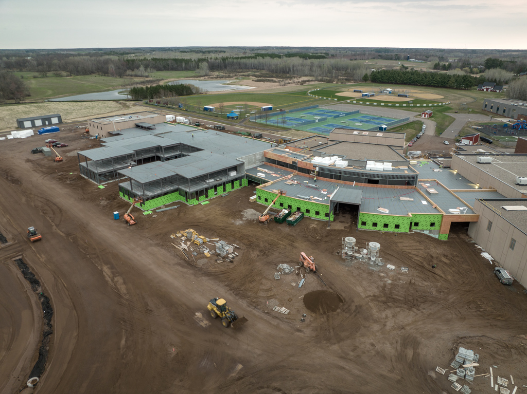 drone view of high school construction site