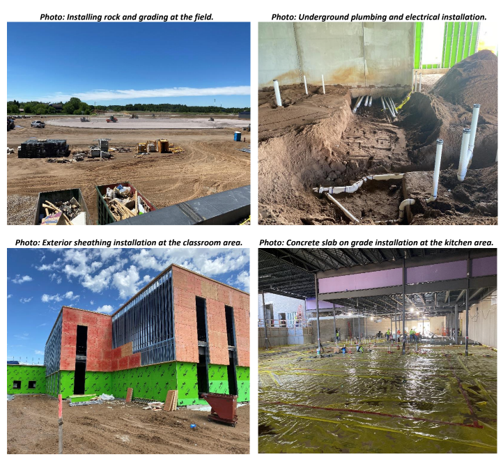 Photo including 4 individual photos of the construction site: football field, plumbing, outside the educational wing, concrete floor of kitchen area