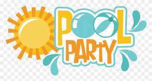 clip art with a sun the word pool with two beach balls and the letter O and water droplets splashing.