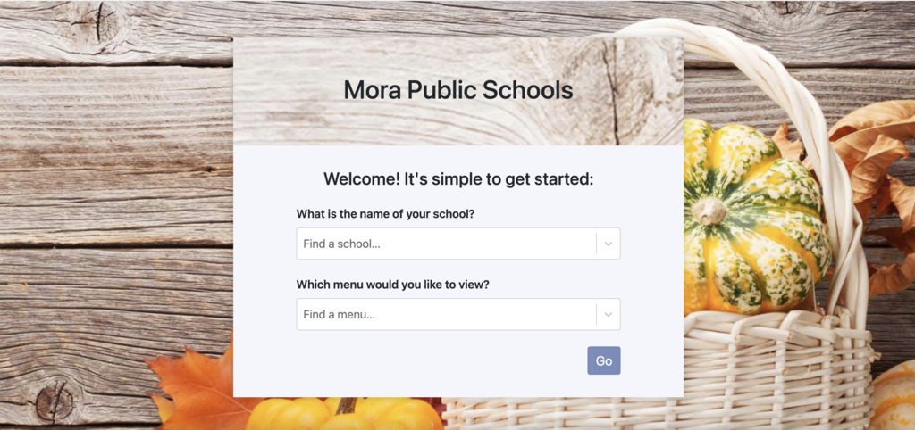 Landing page on website to pick what school menu to view