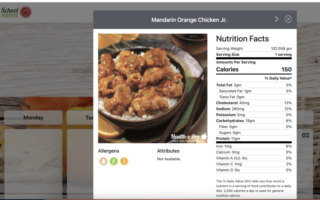 Nutritional information on Mandarin Orang Chicken