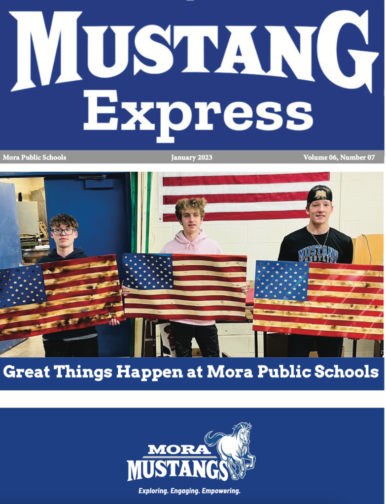 Cover of the January Mustang Express 3 students holding wooden flags they made in shop class